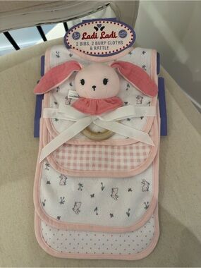 Adorable Pink Bunny Baby Bib, Rattle & Burp Cloth 5 Piece Gift Set NWT